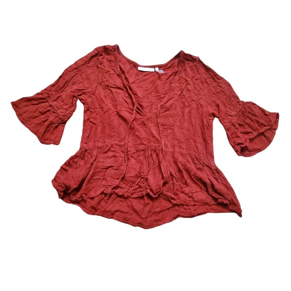 LUQ Shirt Women XS 3/4 Sleeve Burnt Orange Blouse V Neck Crop Top Peplum Boho